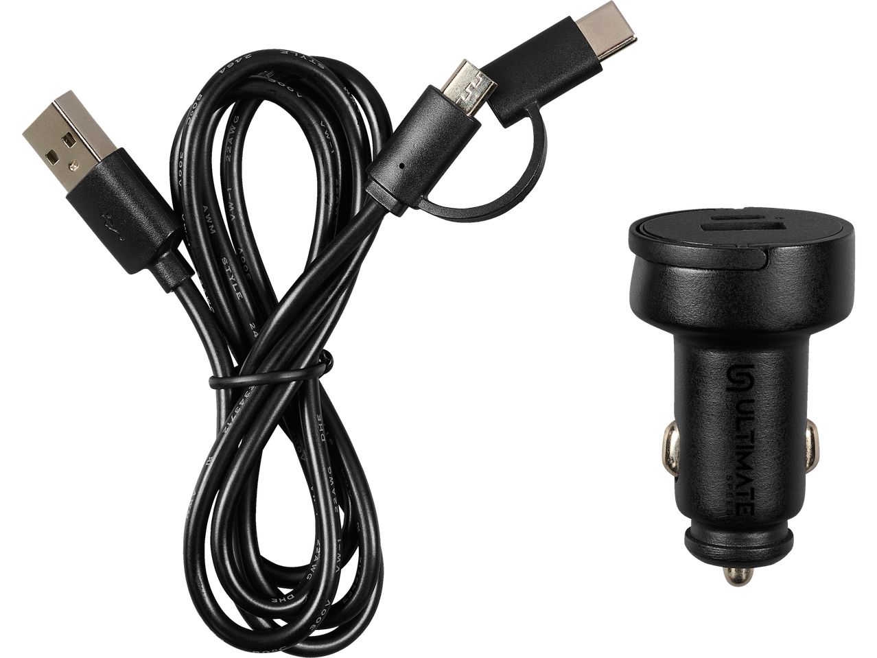 USB-C, microUSB cable and Ultimate car charger.