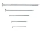 Five galvanized nails of varying lengths, arranged horizontally on a white background.