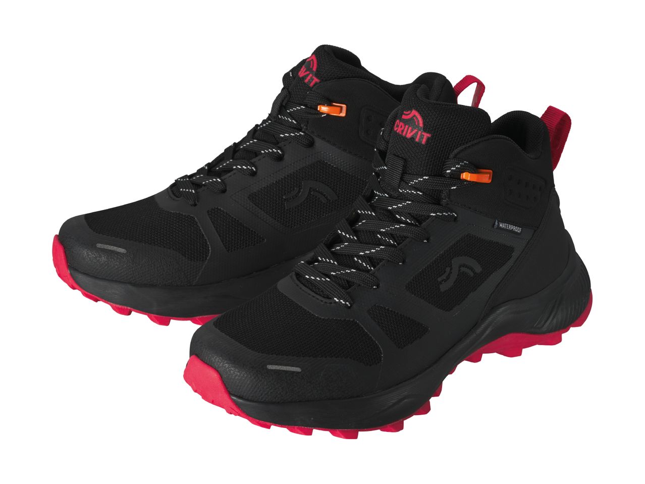 Pair of black Crivit hiking boots with red soles and accents.