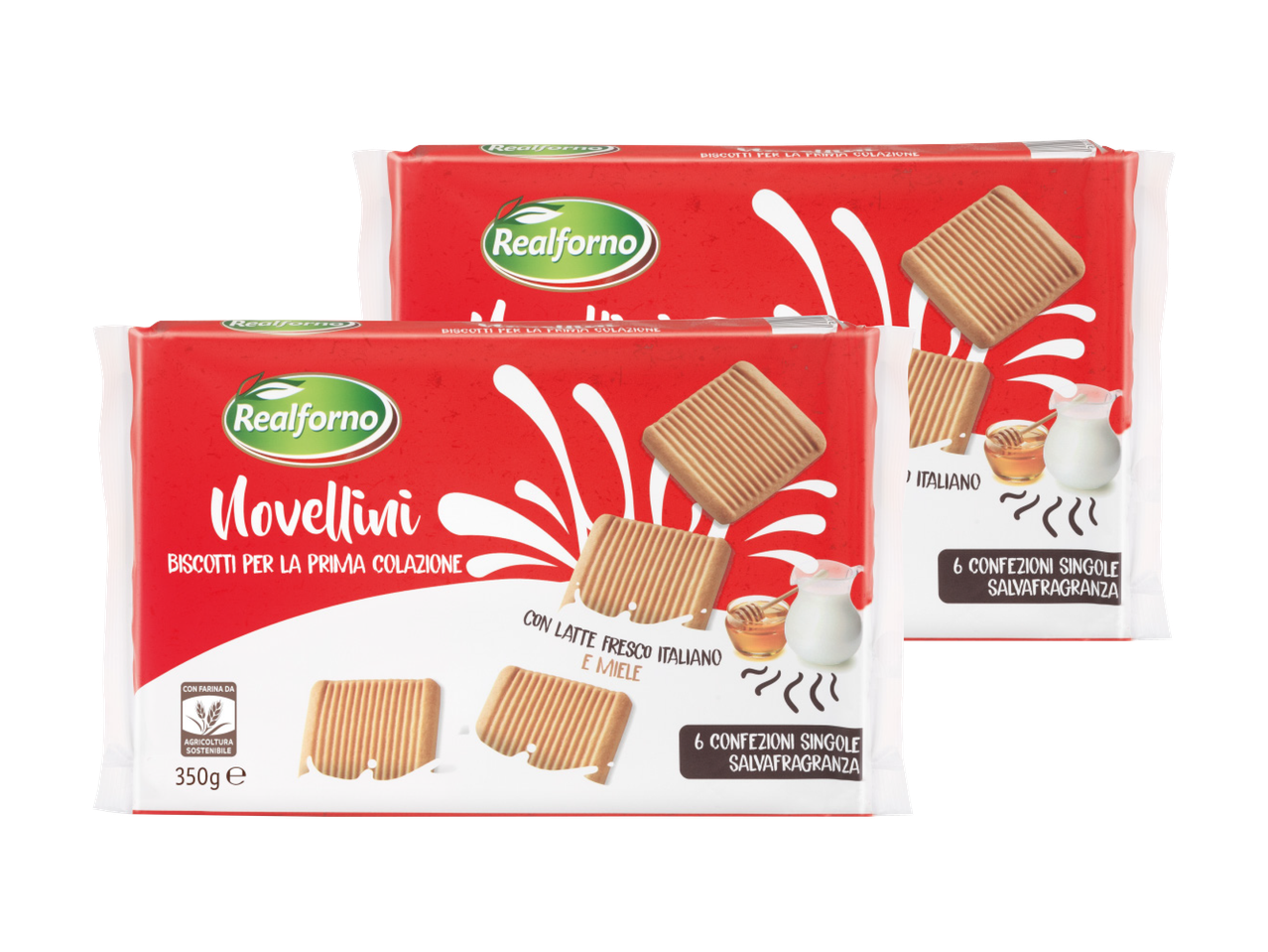 Due confezioni di biscotti Realforno Novelliini con latte e miele.