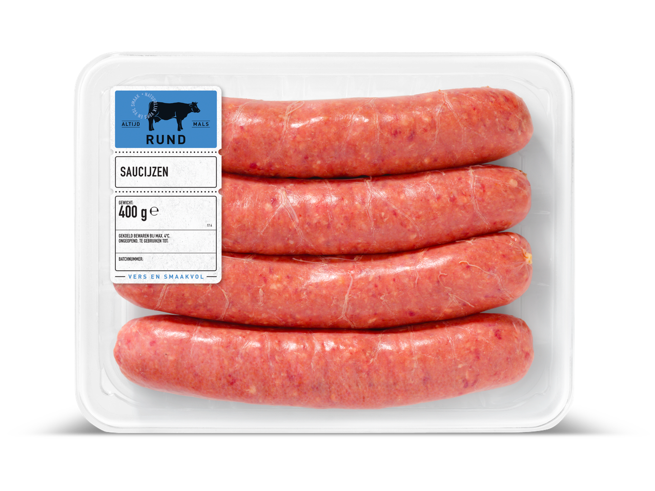 Verpakking met vier verse runderworstjes (saucijzen) van 400g.