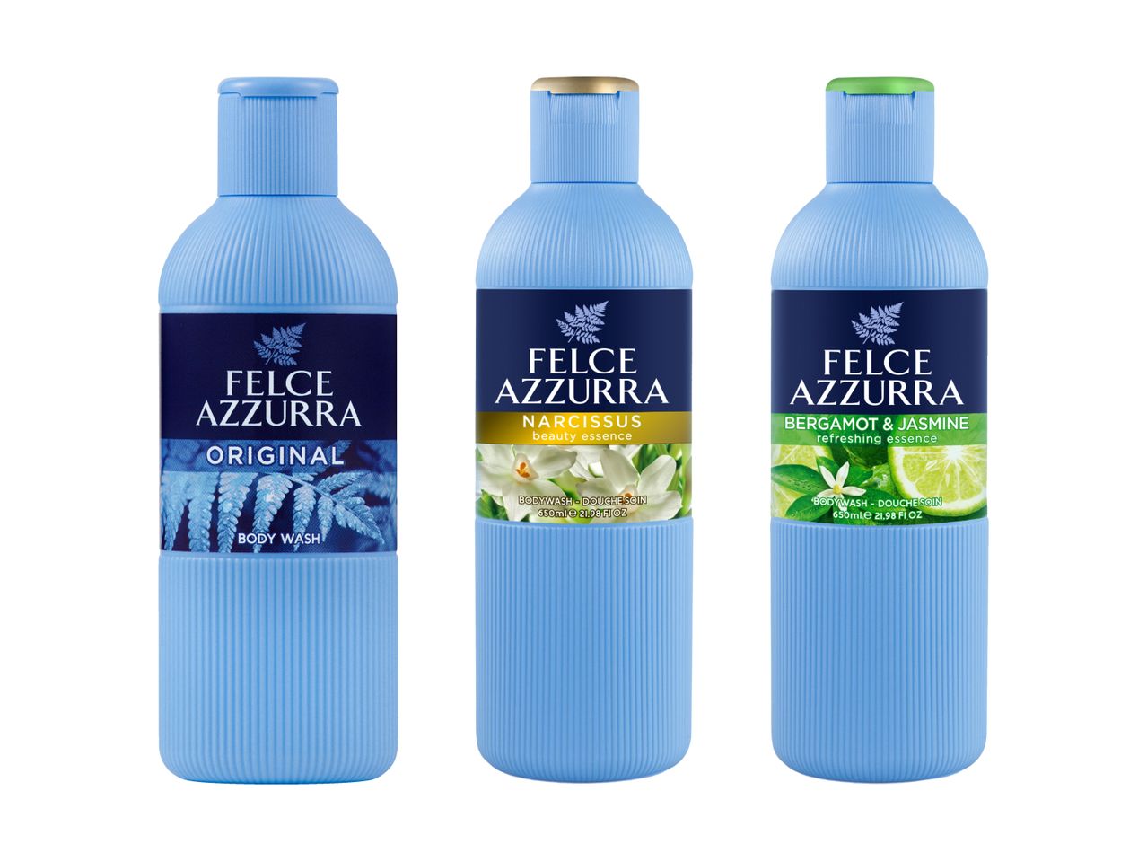 Drei Felce Azzurra Duschgels: Original, Narzisse und Bergamotte & Jasmin.