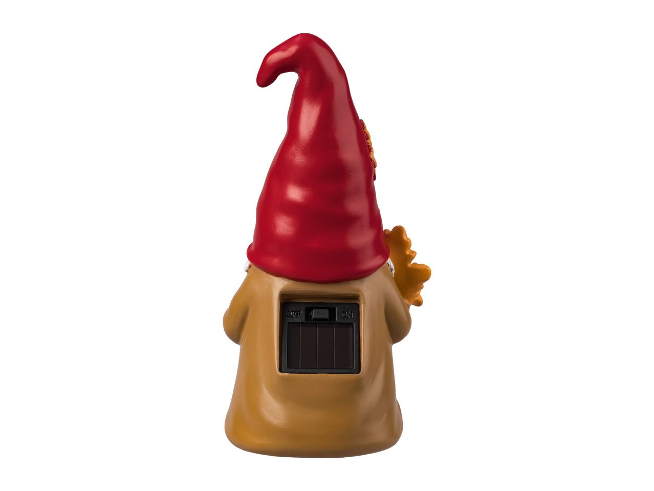 Back view of a garden gnome with a red hat, holding a leaf, and a solar panel on its back.