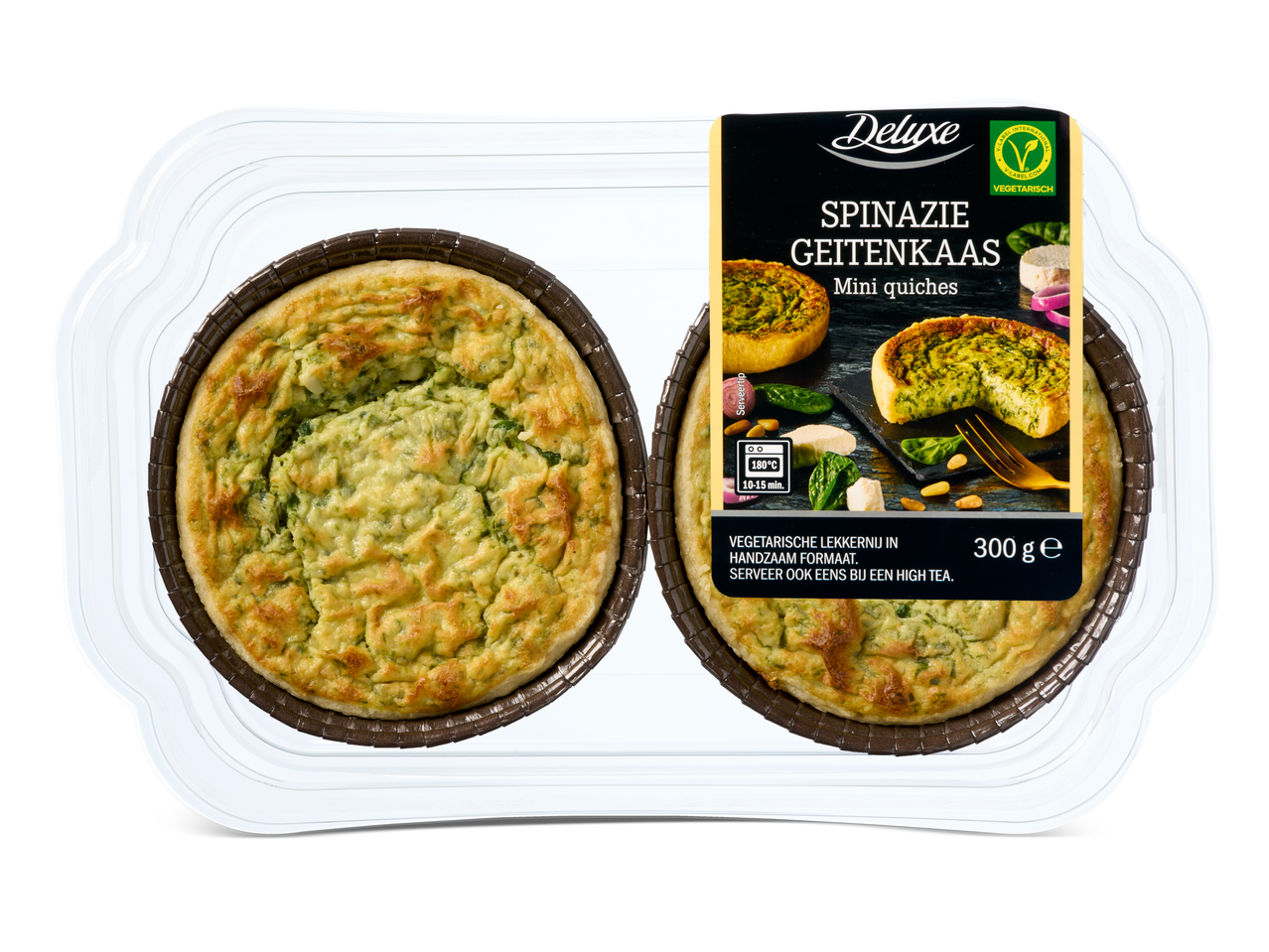 Deluxe Mini-quiches met spinazie en geitenkaas in verpakking, klaar om te bakken.