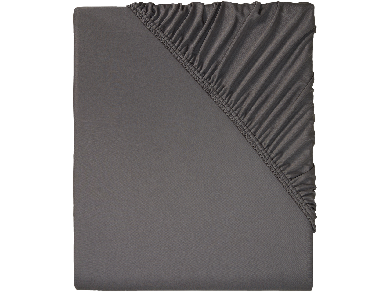 A dark gray fitted sheet with elastic corners is shown.