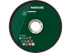 A Parkside cutting disc for metal, 125mm diameter, with safety icons and usage instructions.