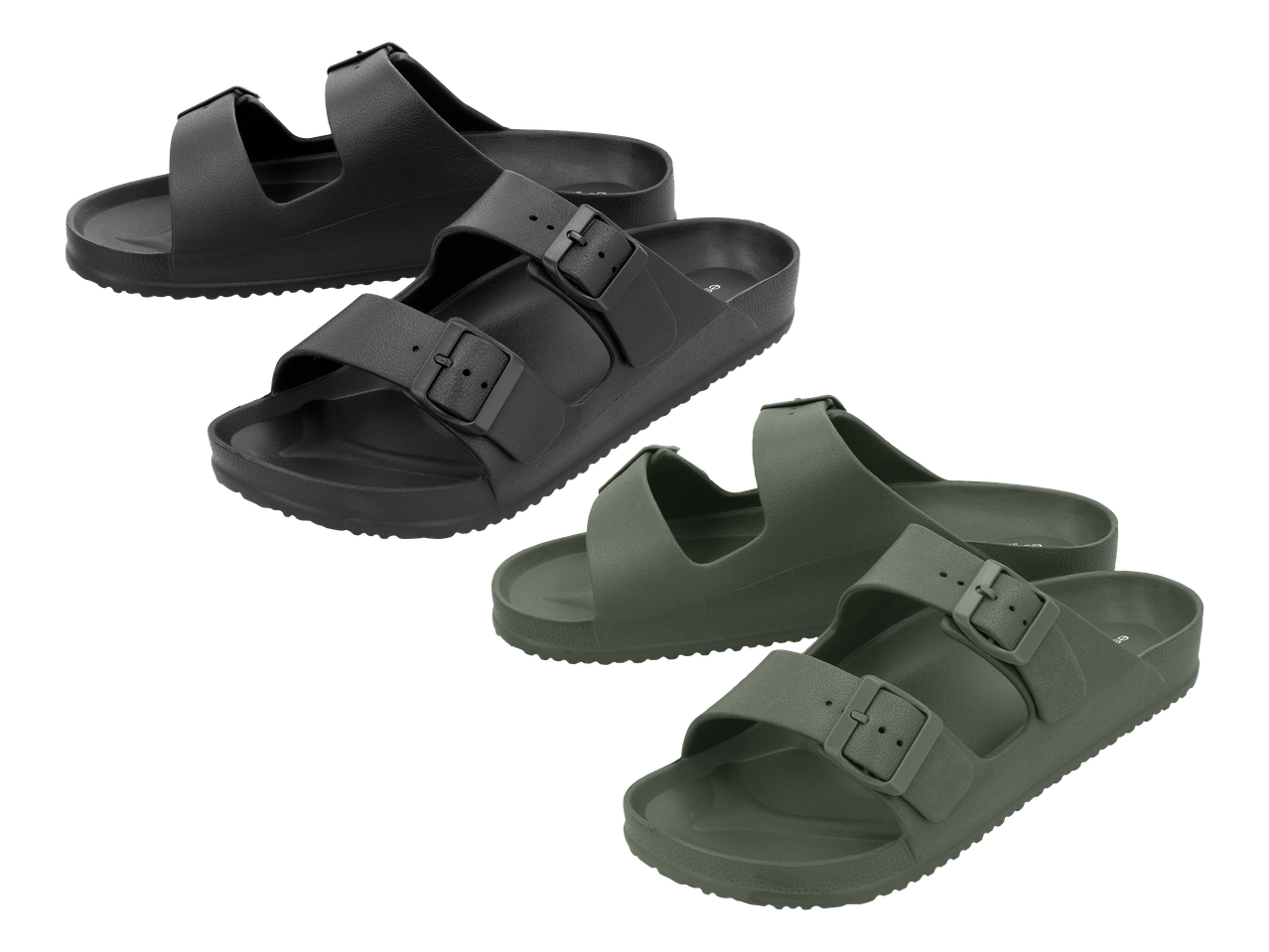 Crne i maslinasto zelene sandale s dvije podesive kopče.