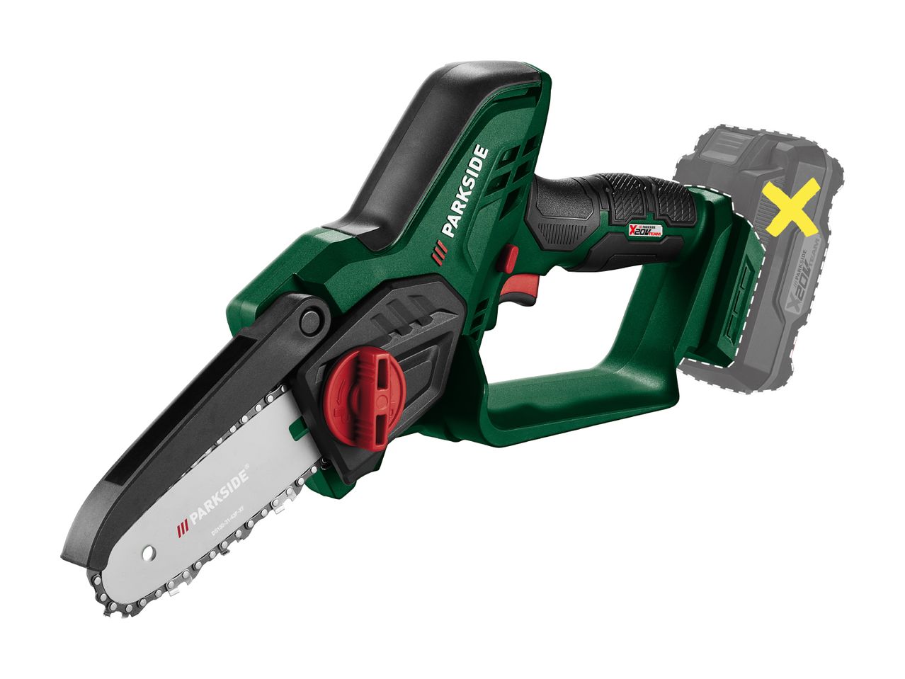 A green and black Parkside mini chainsaw with a battery pack.