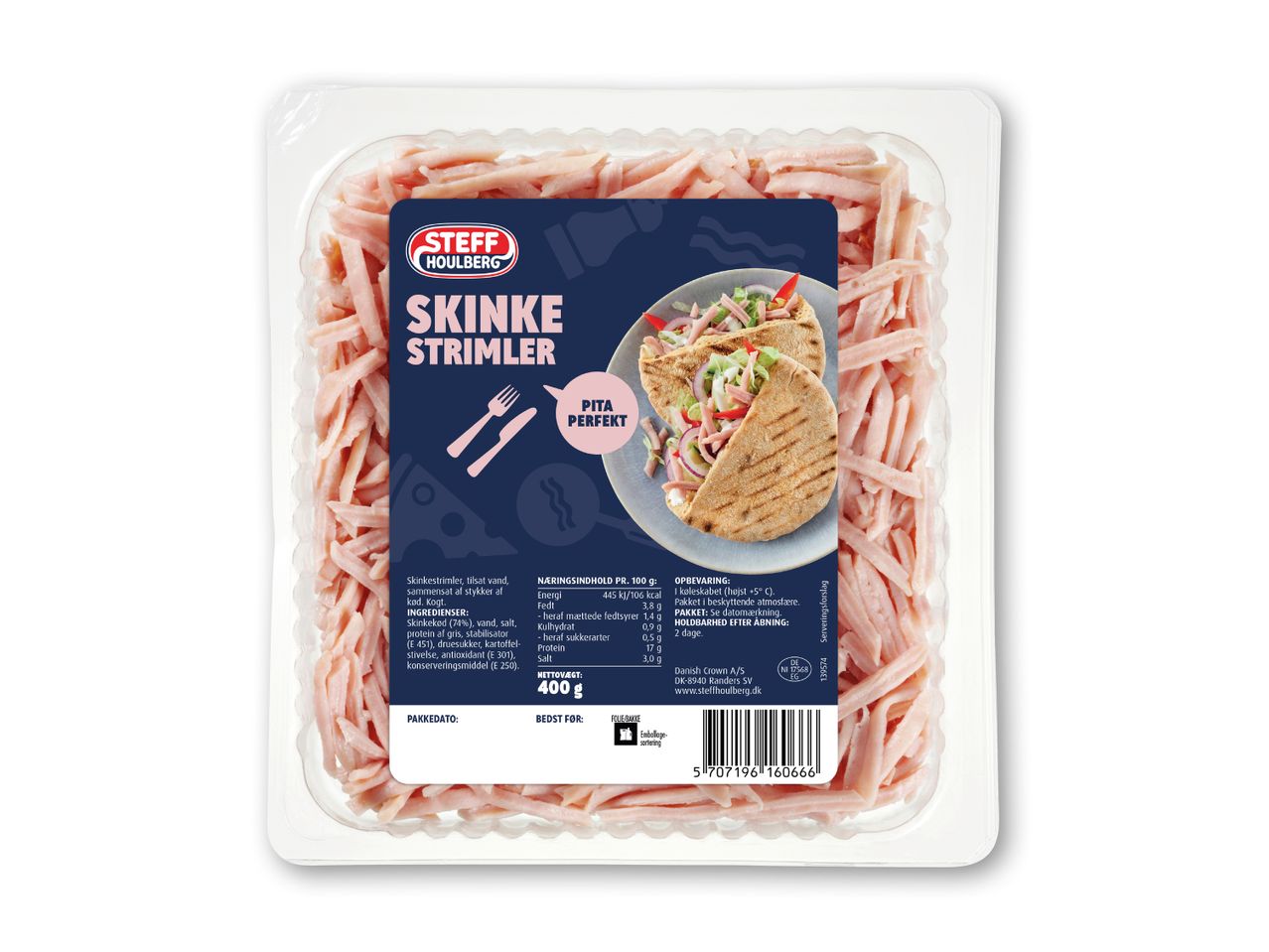En pakke Steff Houlberg skinkestrimler med et billede af pitaer fyldt med skinke og grøntsager.