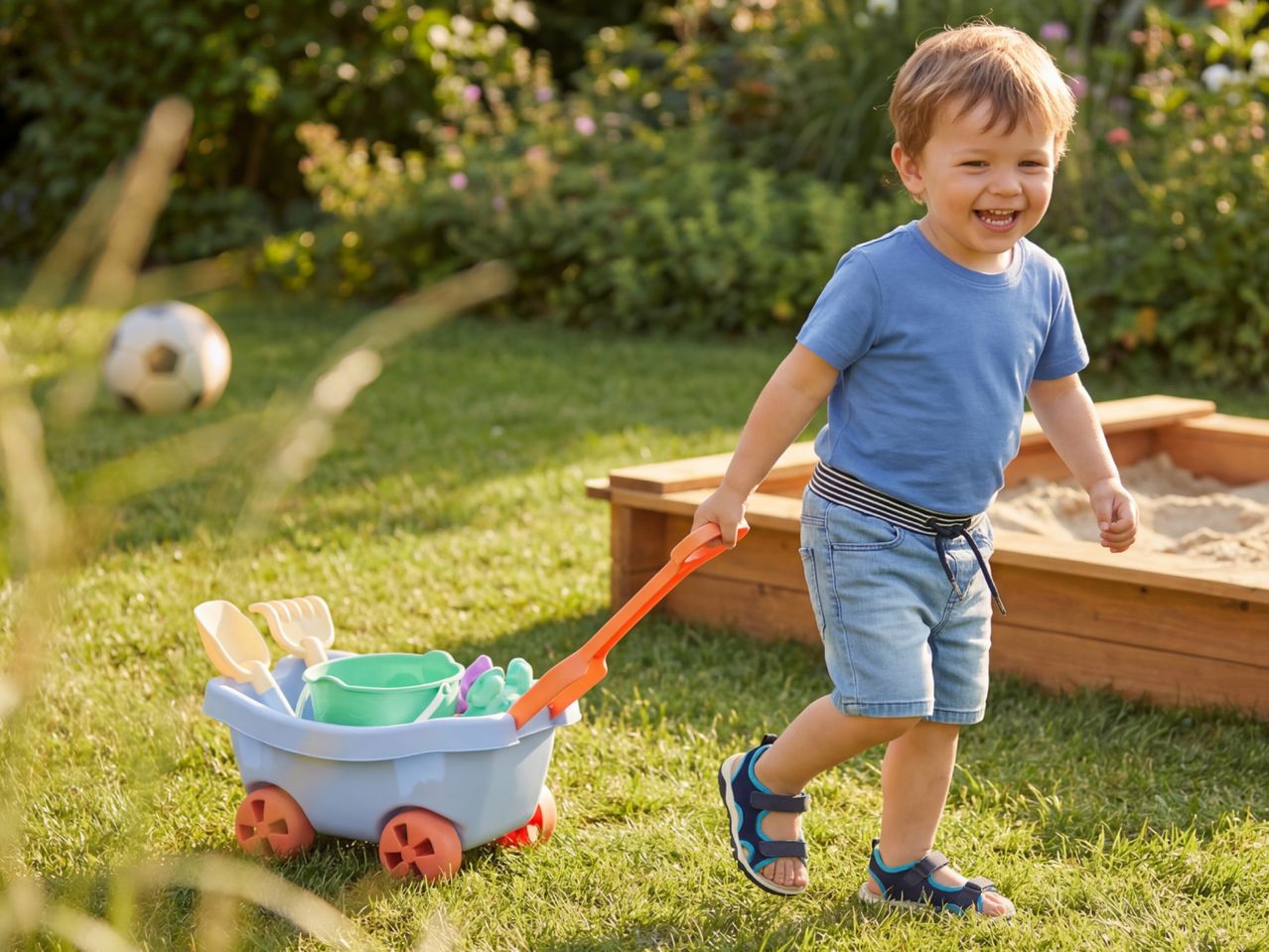 A happy toddler pulls a toy wagon with sand toys next to a sandbox in a sunny garden.