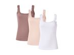 Three ribbed tank tops with lace trim in brown, beige, and white.