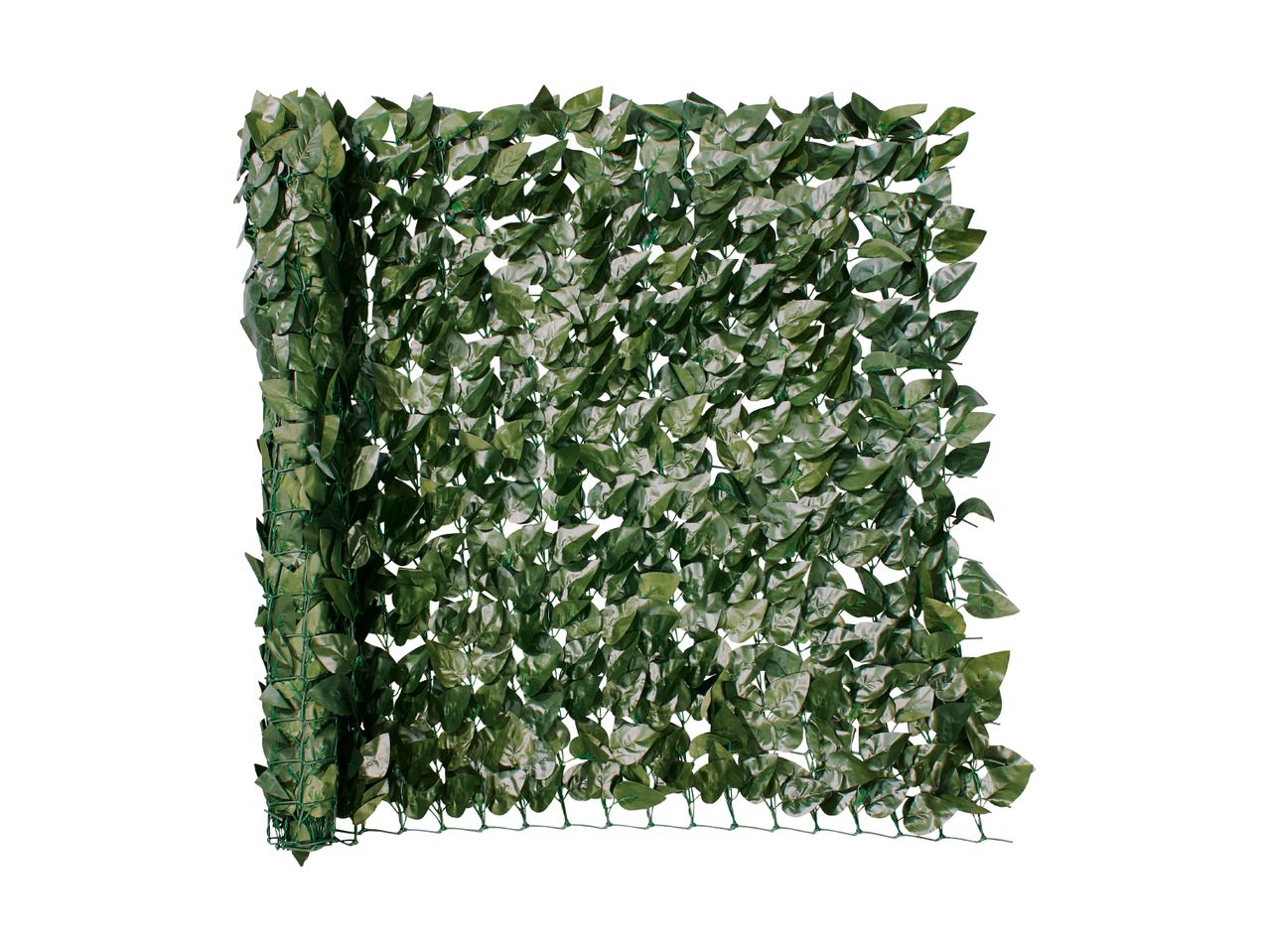 Artificial green leaf privacy fence or hedge roll, partially rolled up.