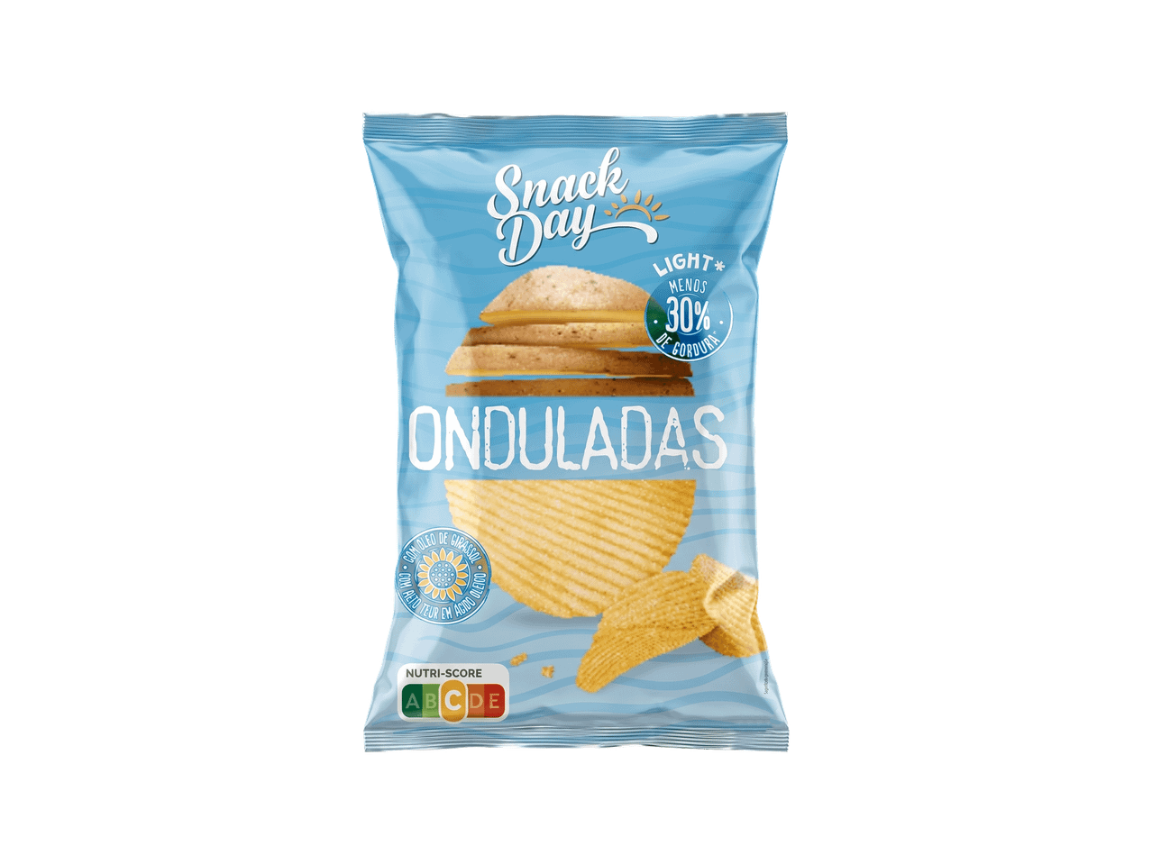 Embalagem de batatas fritas onduladas com a indicação 'Light* menos 30% de gordura' e Nutri-Score C.