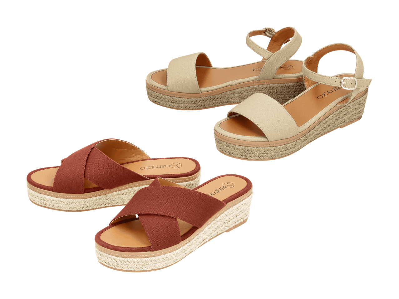 Beige und braune Keilsandalen mit geflochtener Kordelsohle.