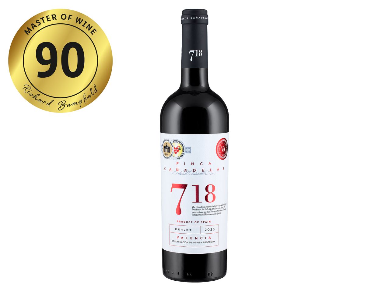 Finca Cañadelas 718 Merlot 2023 wine bottle with a 90-point Master of Wine rating.
