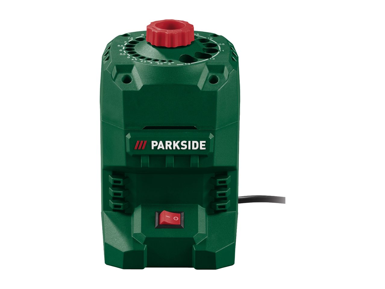 Green drill bit sharpener with a red dial and power switch.