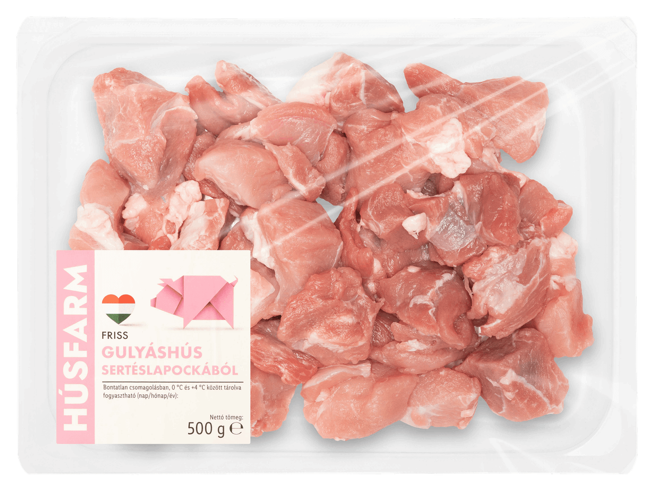 Friss gulyáshús sertéslapockából, 500 g-os kiszerelésben.