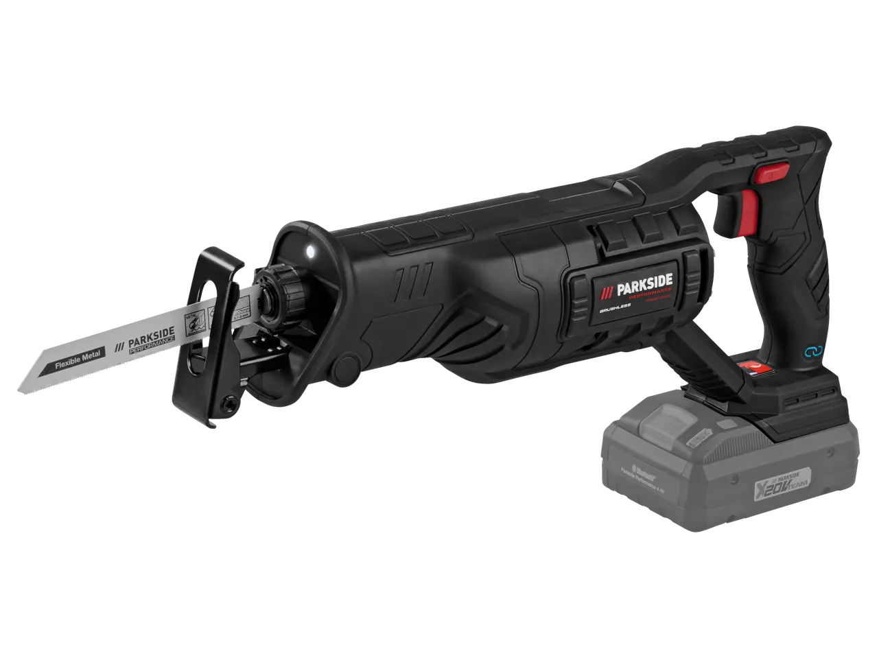 Cordless Parkside Performance reciprocating saw with battery.