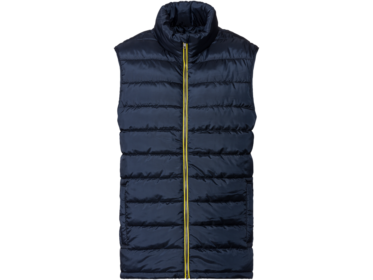 Tamsiai mėlyna pūkinė liemenė su geltonu užtrauktuku.