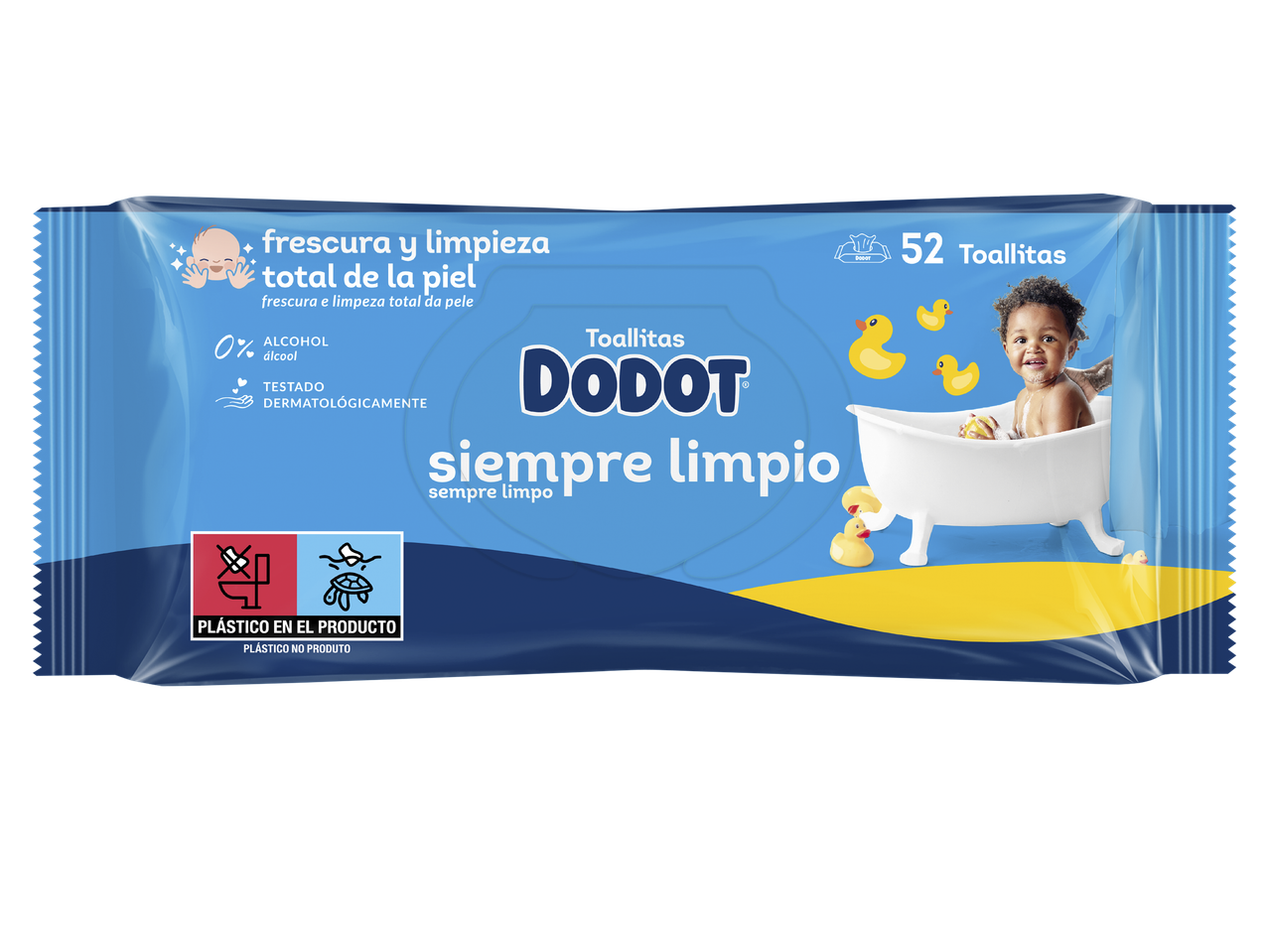 Embalagem de toalhitas de bebé com um bebé a tomar banho e patinhos de borracha, com a indicação '52 Toallitas'.