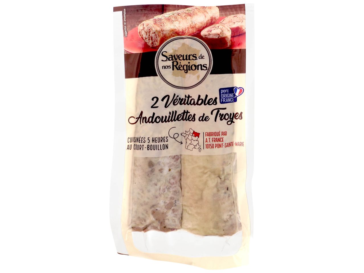 Paquet de deux véritables andouillettes de Troyes de la marque Saveurs de nos Régions.