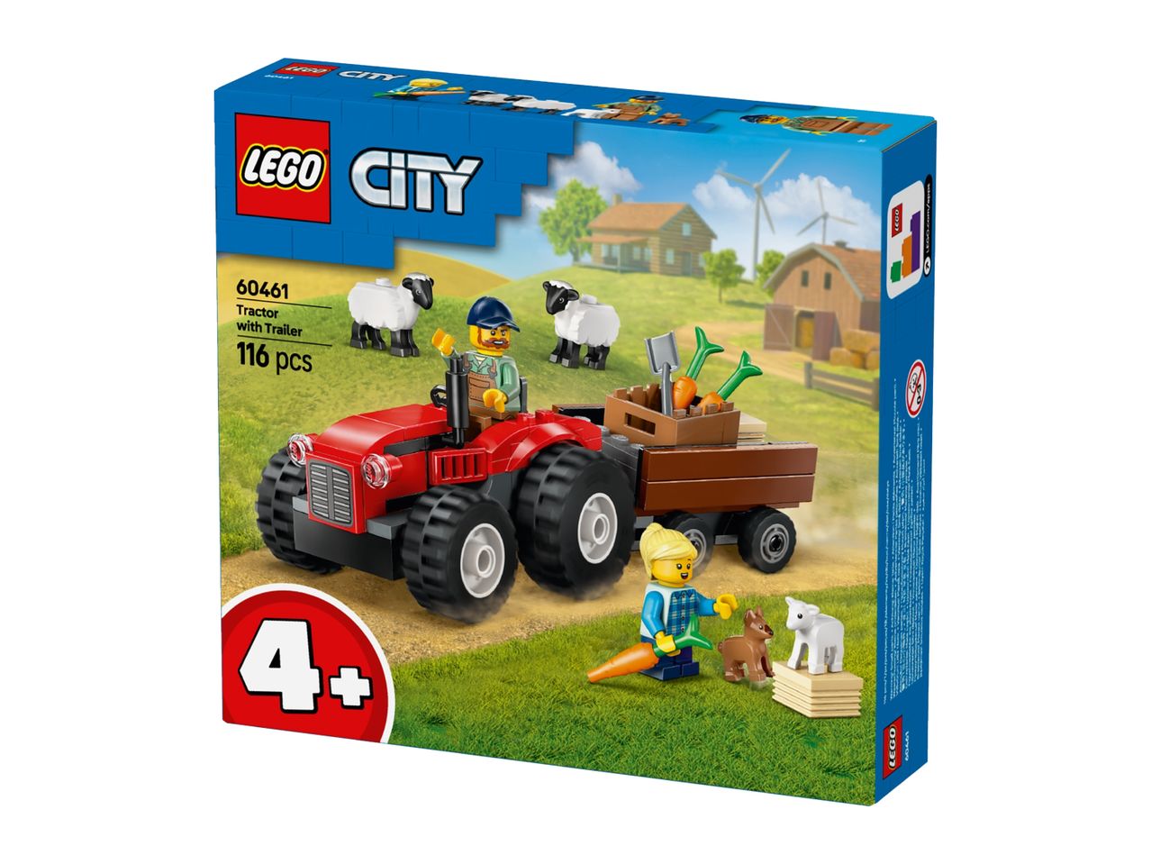 A LEGO City Tractor with Trailer set box, featuring a red tractor, two minifigures, and farm animals.