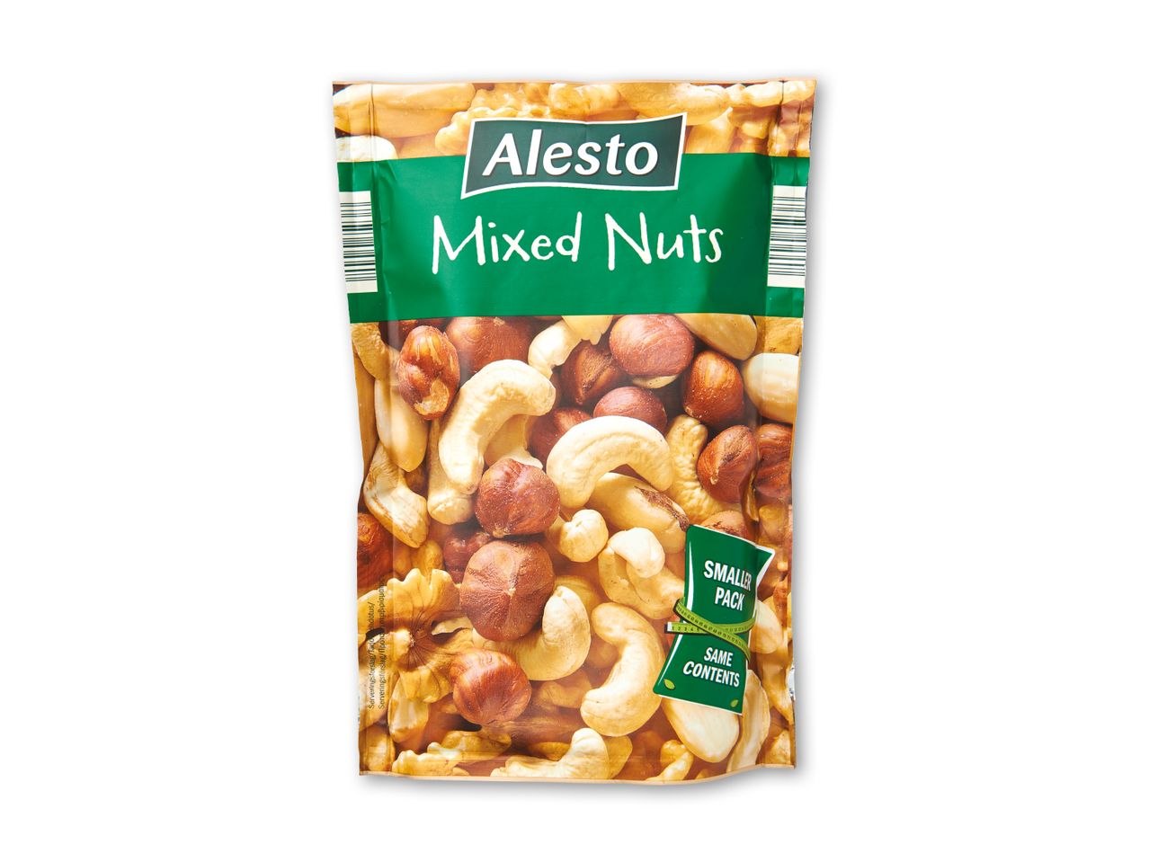 Pose med blandede nødder, herunder cashewnødder, hasselnødder og valnødder, med teksten 'SMALLER PACK, SAME CONTENTS'.