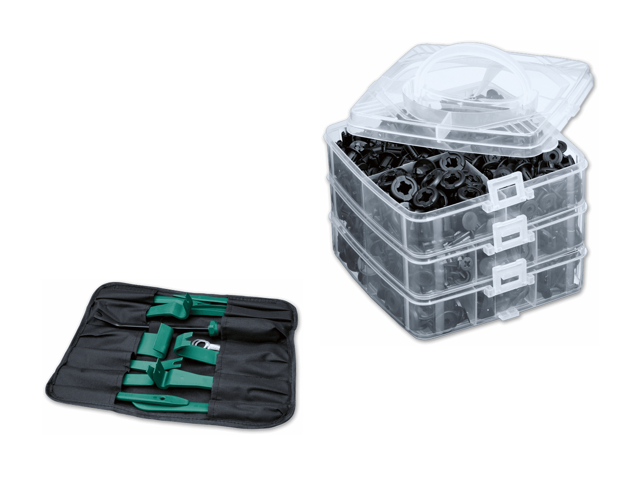 Ein Set aus Kunststoff-Befestigungselementen in einer gestapelten Box und ein Werkzeugsatz in einer Rolltasche.