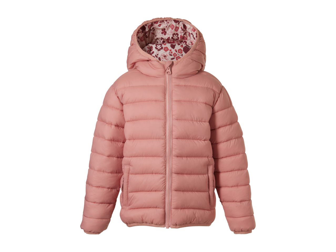 Pink children's puffer jacket with a floral print lining in the hood.