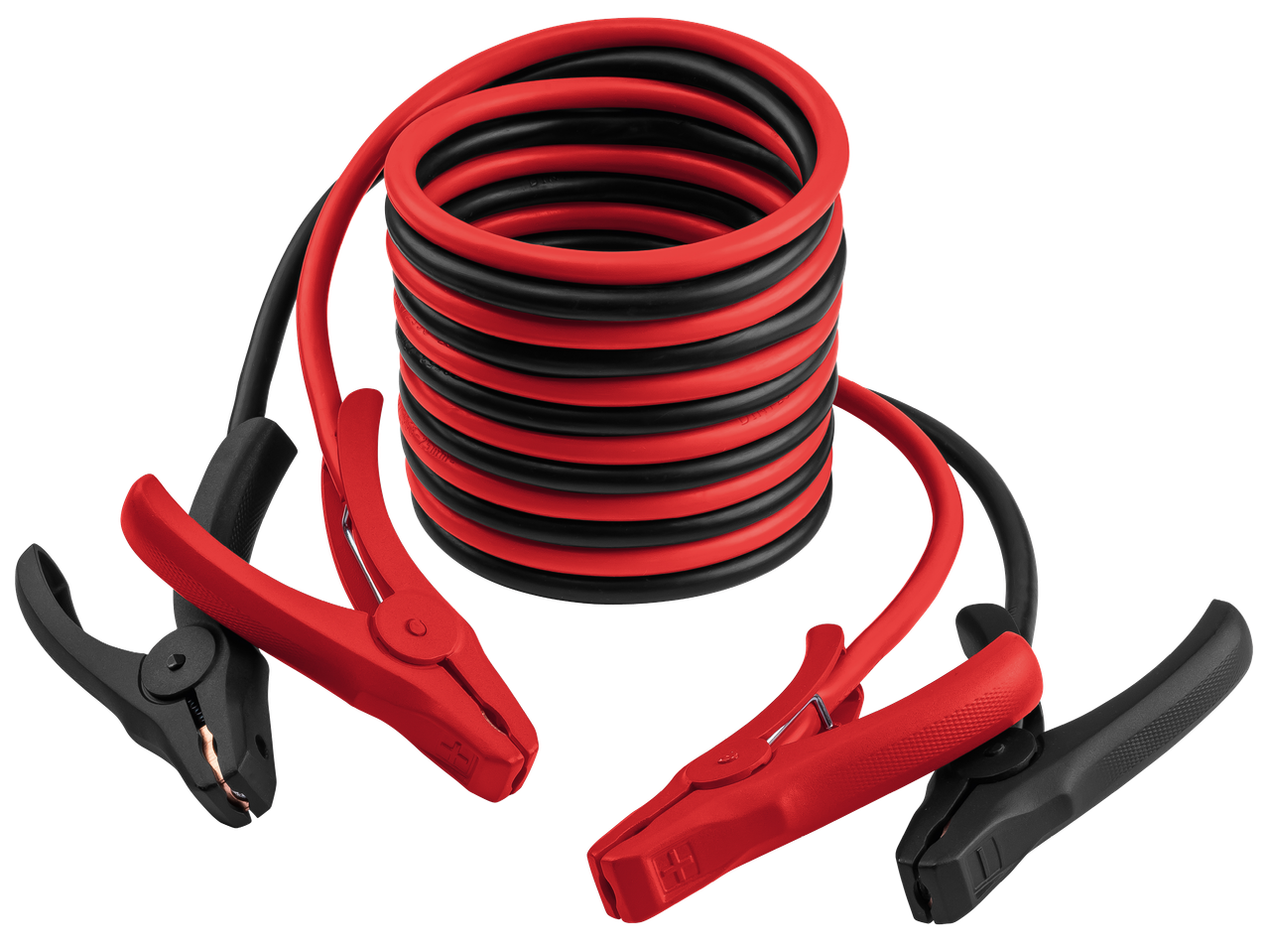 Червено-черни кабели за стартиране на автомобил с щипки, навити на руло