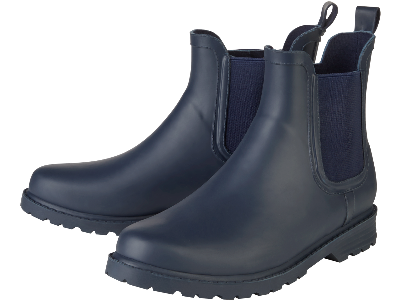 A pair of dark blue Chelsea rain boots with elastic side panels and pull tabs.