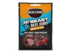 Verpakking van zoete en hete beef jerky met de tekst '100% BEEF | HIGH PROTEIN'.