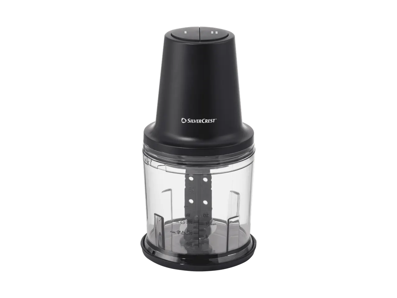 Hachoir électrique noir et transparent avec des boutons sur le dessus.