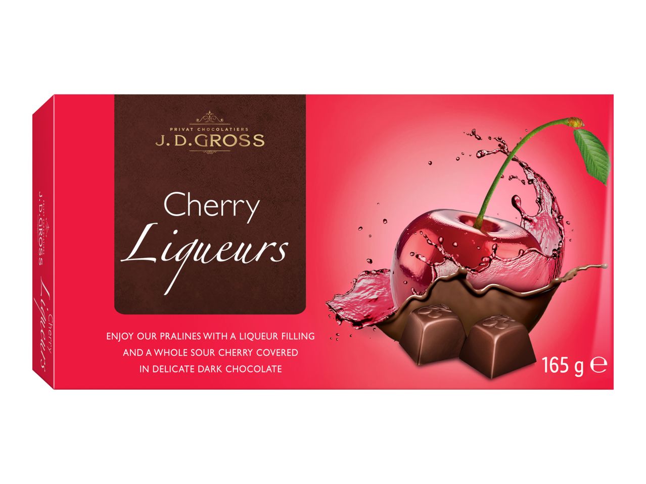 J.D. Gross Cherry Liqueurs chocolate box with a cherry dipped in chocolate.