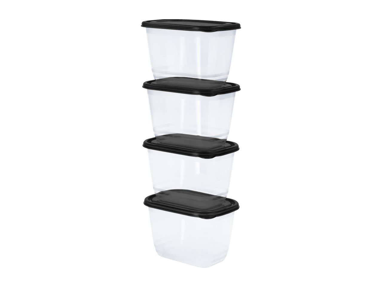 Four clear rectangular food storage containers with black lids, stacked vertically.