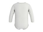 Back view of a plain white long-sleeved baby bodysuit.
