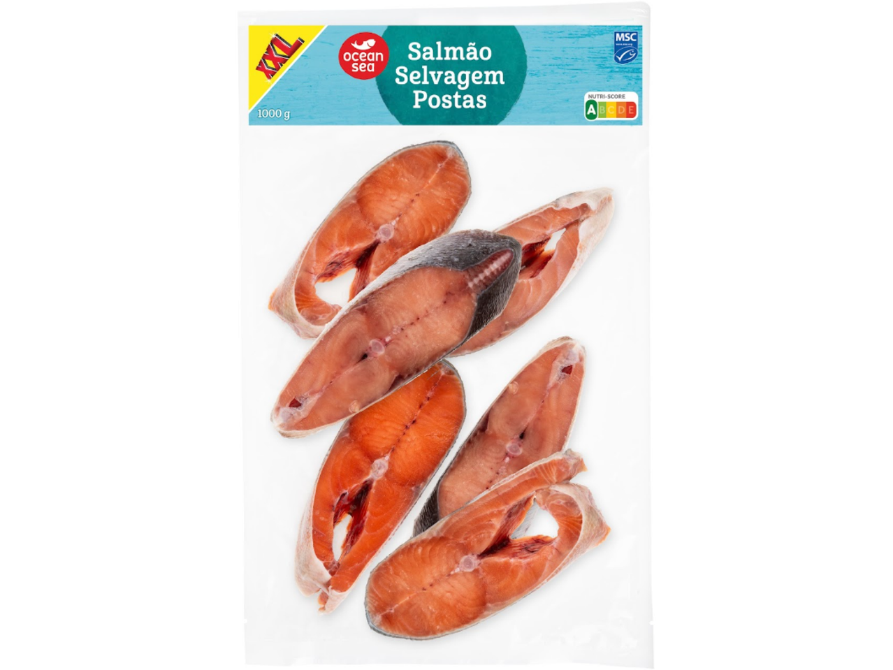Salmão selvagem em postas, embalagem de 1000g com selos MSC e Nutri-Score A.