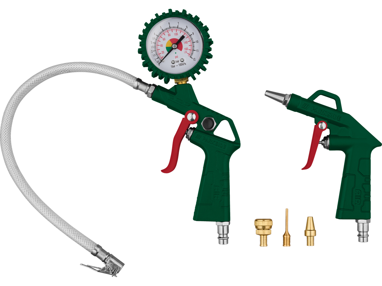 Parkside® portable compressor set with tire inflator, air blow gun, and various nozzles.