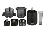 Food processor parts including a motor unit, various containers, and attachments.