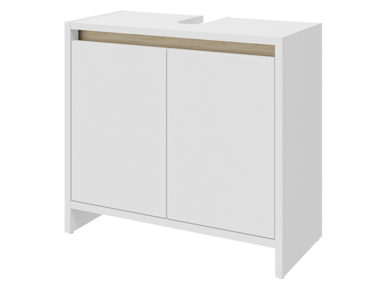 Armário de lavatório LIVARNO branco com detalhe em madeira e duas portas.
