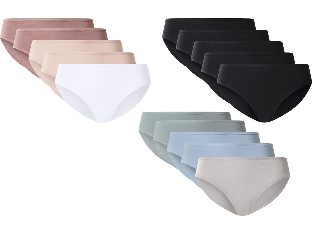 Tre uppsättningar med fem trosor i olika färger: beige, svart och pastellfärger.