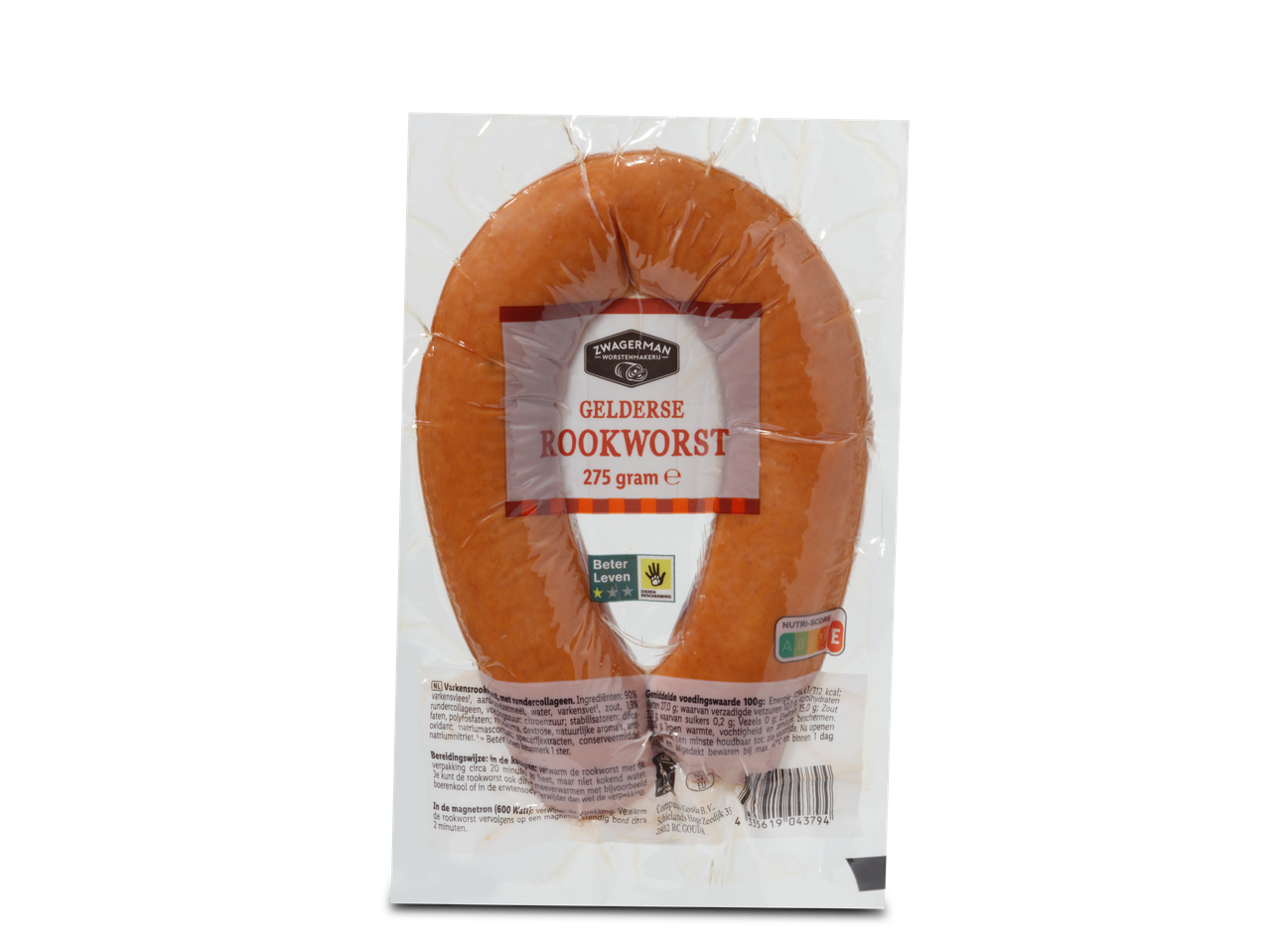Gelderse rookworst van ZWAGERMAN, 275g, met Nutri-Score ABE.