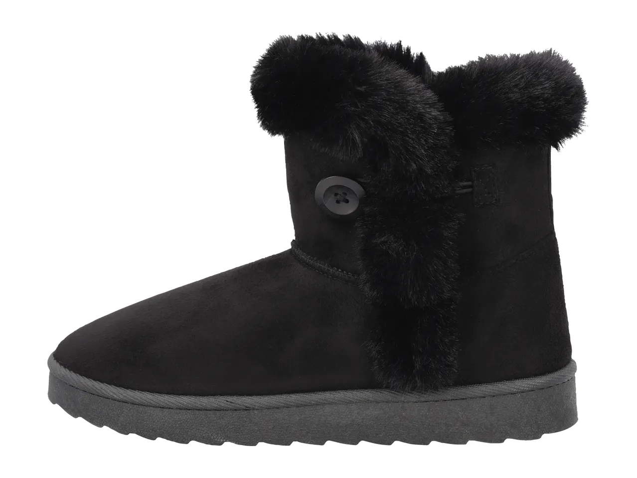 Black faux fur-lined ankle boots with a decorative button on the side.