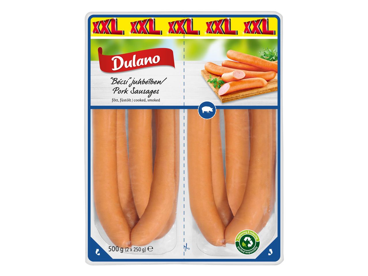 Delma pár Frankfurter virsli csomagolásban.