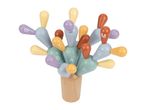 Wooden cactus-shaped stacking toy with colorful pieces featuring letters like S, Y, M, T, B, A, G, C.