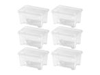Six clear plastic storage boxes with lids, arranged in two columns on a white background.