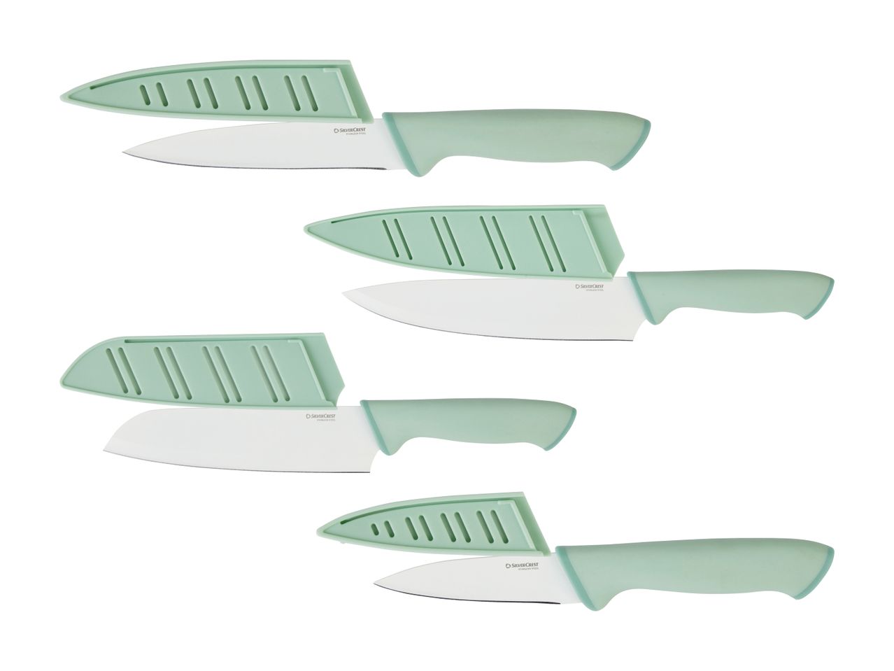 Fire SilverCrest knive med mintgrønne håndtag og skeder.