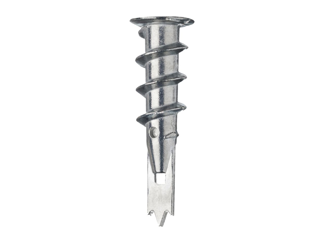 Silver metal drywall anchor with a pointed tip and spiral threads