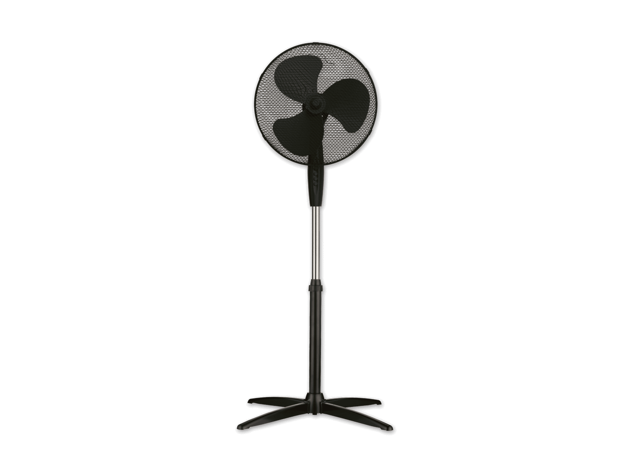 Ein schwarzer Standventilator mit drei Flügeln.