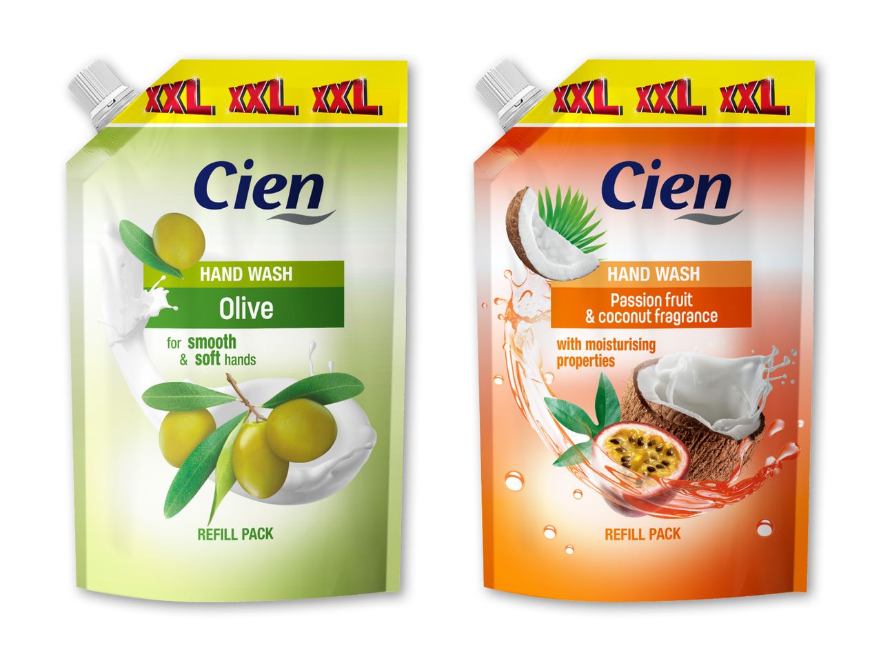 To Cien håndvask refillpakker: oliven og passionsfrugt/kokos.